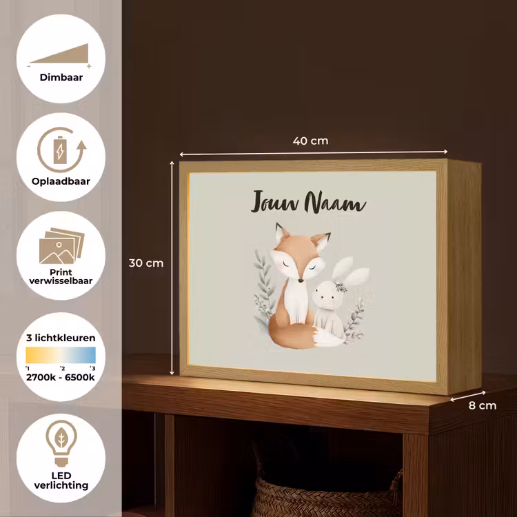 Illustratie - Vos - Konijn - Bladeren Light Box met batterij (Wandlamp kind) middel -USP_websiteoverzichtNL