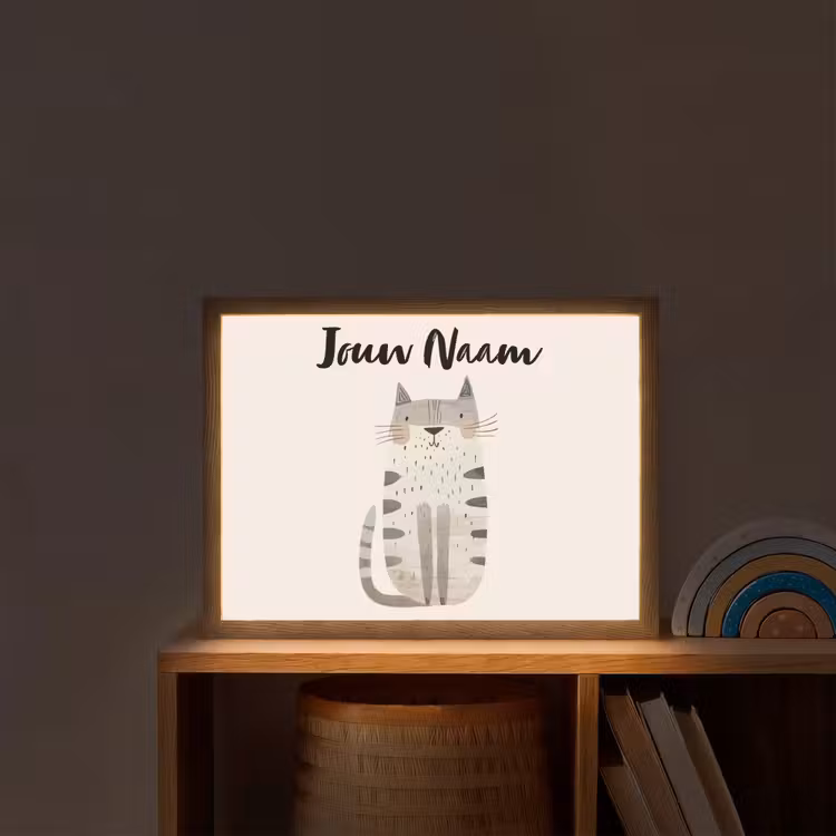 Kat - Dieren - Beige Light Box met batterij (Wandlamp kind) middel -sfeer1_kind