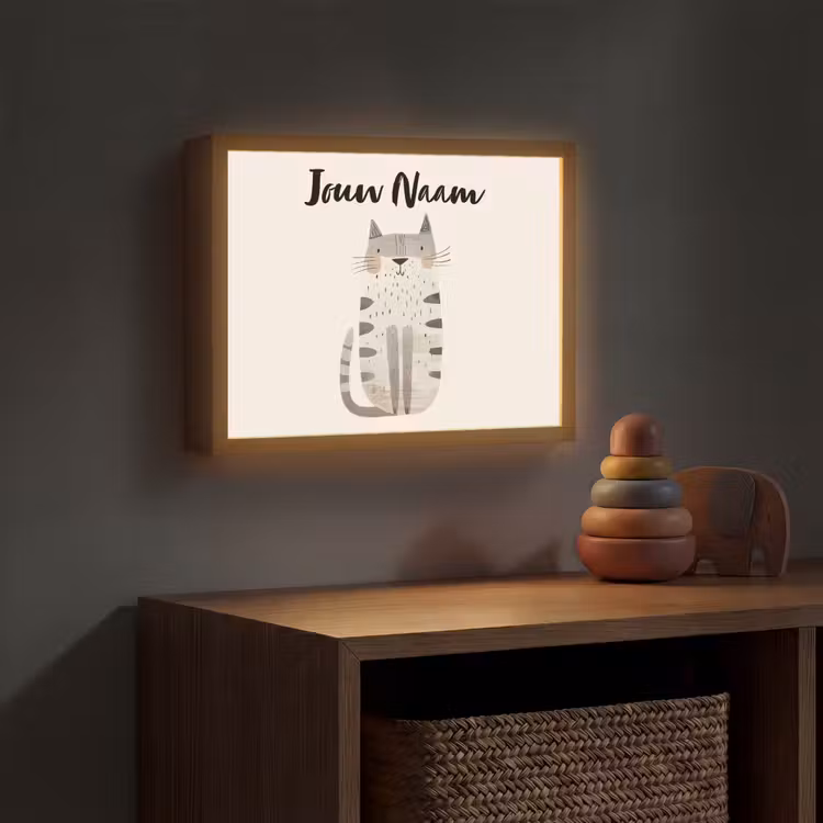 Kat - Dieren - Beige Light Box met batterij (Wandlamp kind) middel -sfeer5_kind