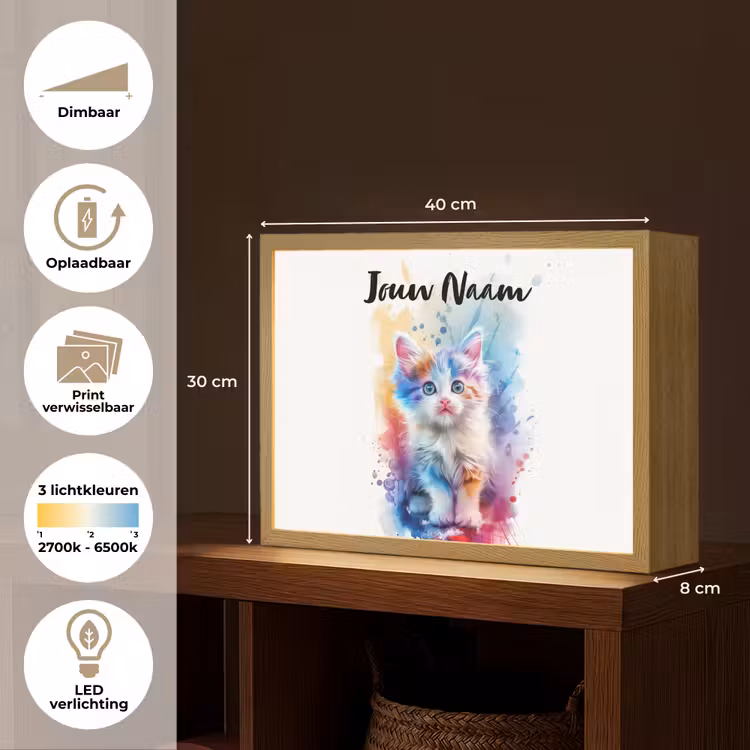 Kat - Kleurrijk - Verf - Dier - Wit Light Box met batterij (Wandlamp kind) middel -USP_websiteoverzichtNL
