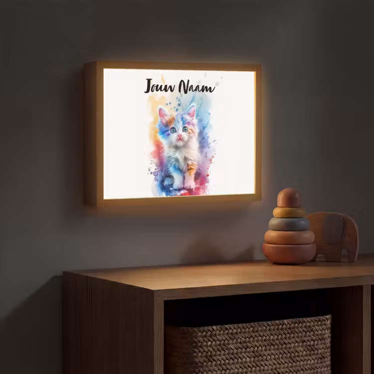 Kat - Kleurrijk - Verf - Dier - Wit Light Box met batterij (Wandlamp kind) middel -sfeer5_kind