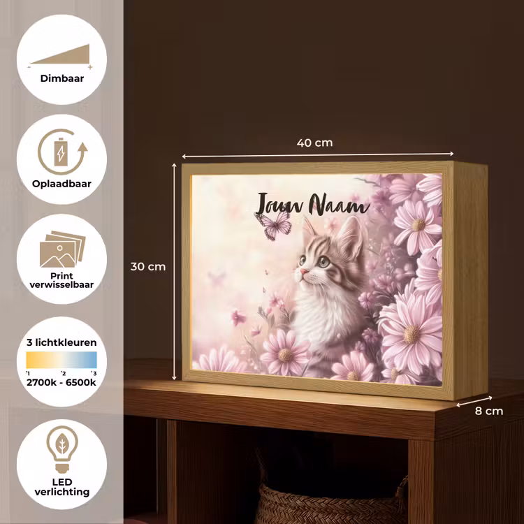 Kitten - Bloemen - Vlinders - Paars Light Box met batterij (Wandlamp kind) middel -USP_websiteoverzichtNL