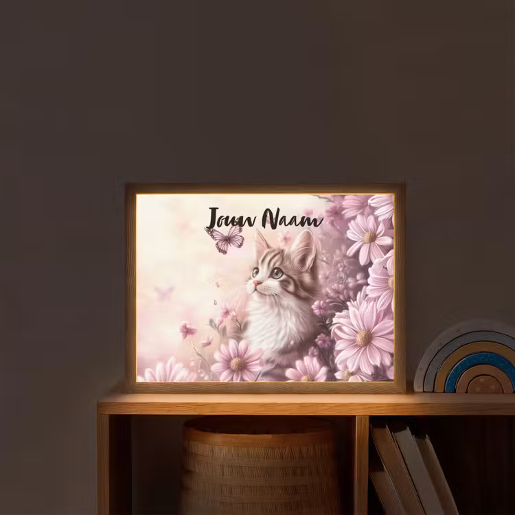 Kitten - Bloemen - Vlinders - Paars Light Box met batterij (Wandlamp kind) middel -sfeer1_kind