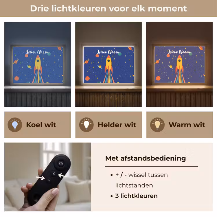 Kleurrijk - Raket - Ruimte Light Box met batterij (Wandlamp kind) middel -USP_lichtkleurNL