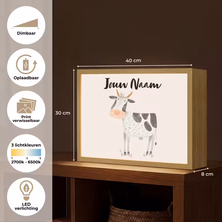 Koe - Boerderij dier - Dieren - Pastel kleuren Light Box met batterij (Wandlamp kind) middel -USP_websiteoverzichtNL