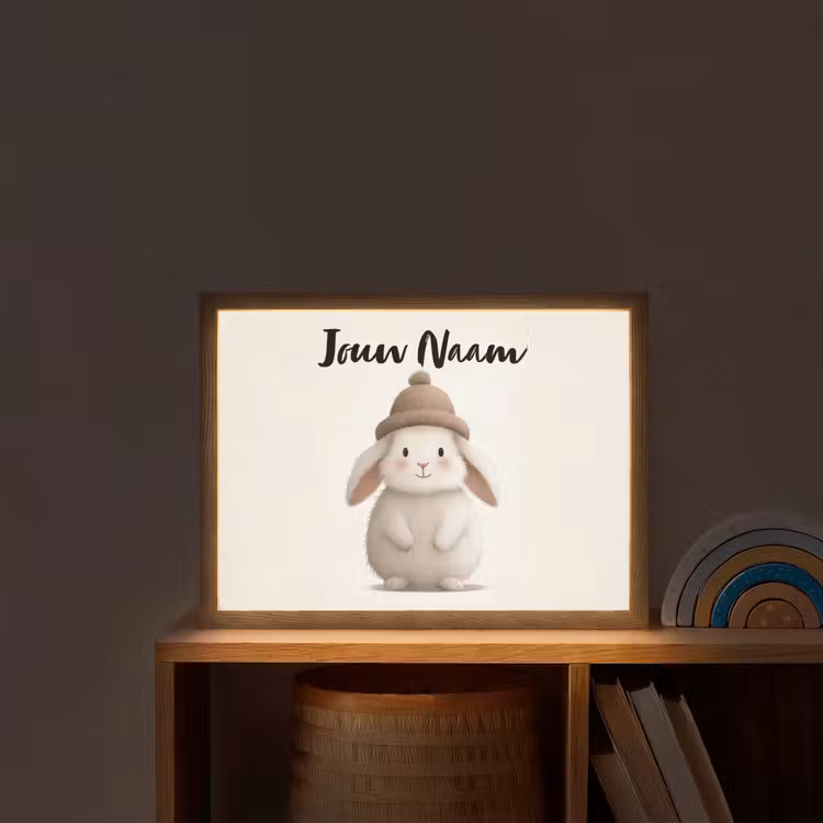 Konijn - Muts - Oren - Beige Light Box met batterij (Wandlamp kind) middel -sfeer1_kind