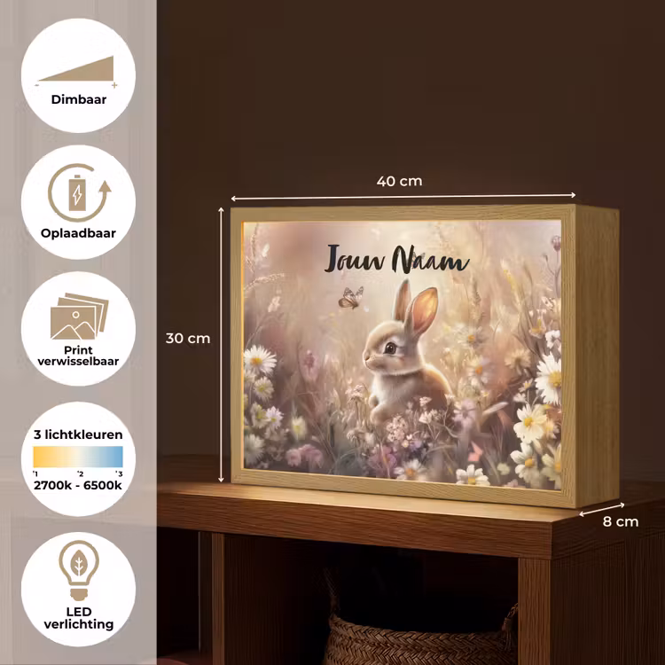 Konijntje - Bruin - Bloemen - Vlinders Light Box met batterij (Wandlamp kind) middel -USP_websiteoverzichtNL