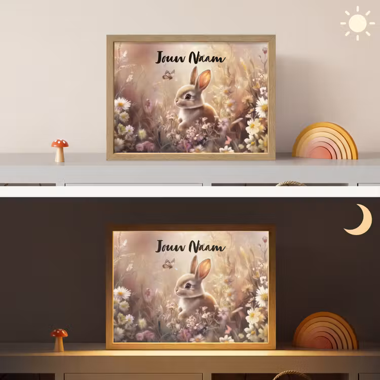 Konijntje - Bruin - Bloemen - Vlinders Light Box met batterij (Wandlamp kind) middel -sfeer3_kind