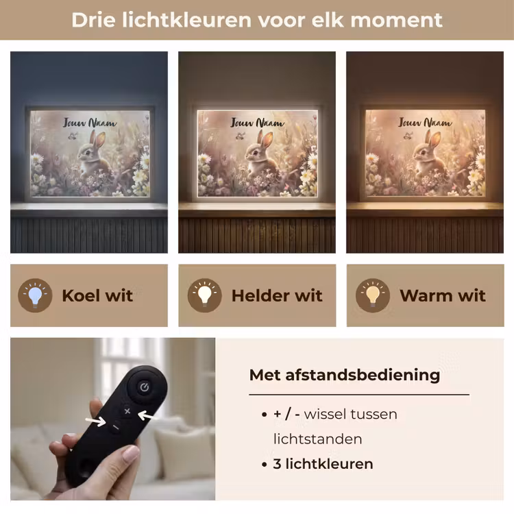 Konijntje - Bruin - Bloemen - Vlinders Light Box met batterij (Wandlamp kind) middel -USP_lichtkleurNL