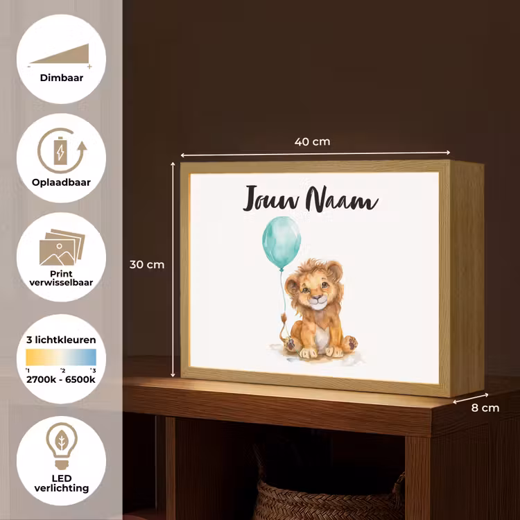 Leeuw - Baby dier - Blauwe ballon Light Box met batterij (Wandlamp kind) middel -USP_websiteoverzichtNL