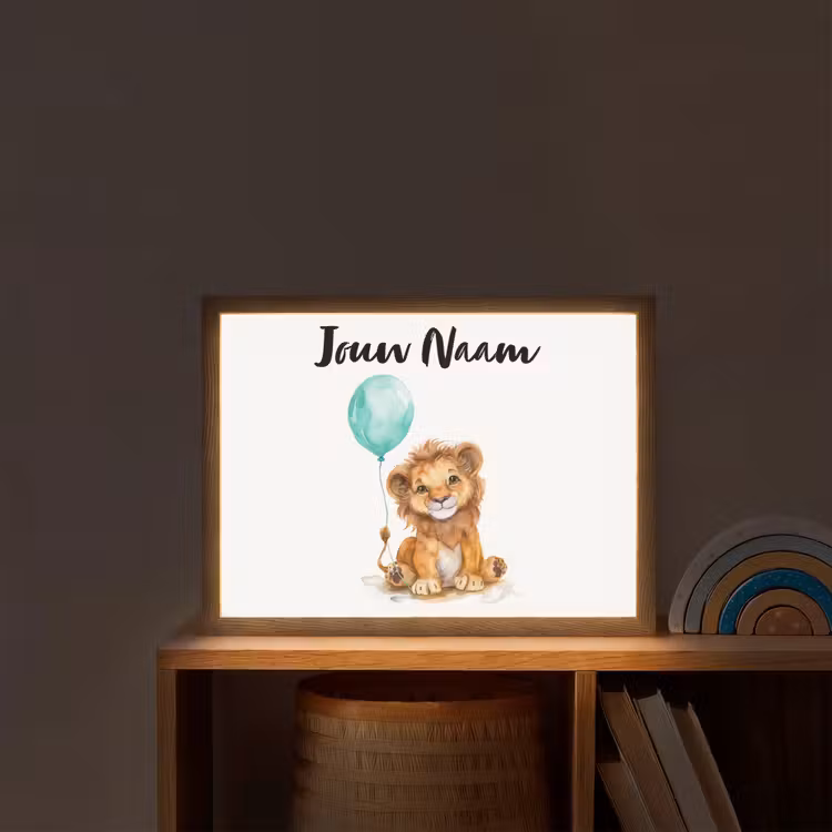 Leeuw - Baby dier - Blauwe ballon Light Box met batterij (Wandlamp kind) middel -sfeer1_kind