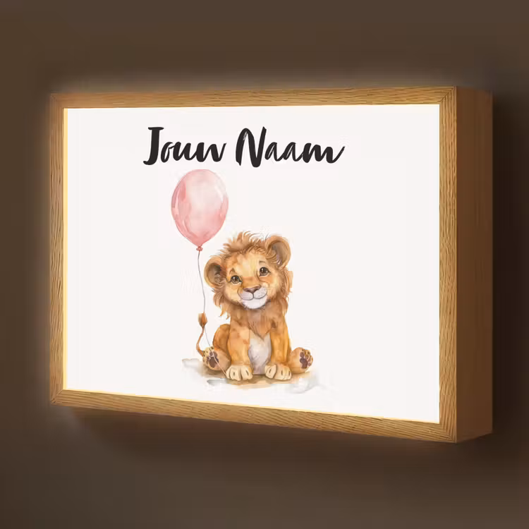 Leeuw - Baby dier - Dieren - Roze ballon Light Box met batterij (Wandlamp kind) middel -z3d_website