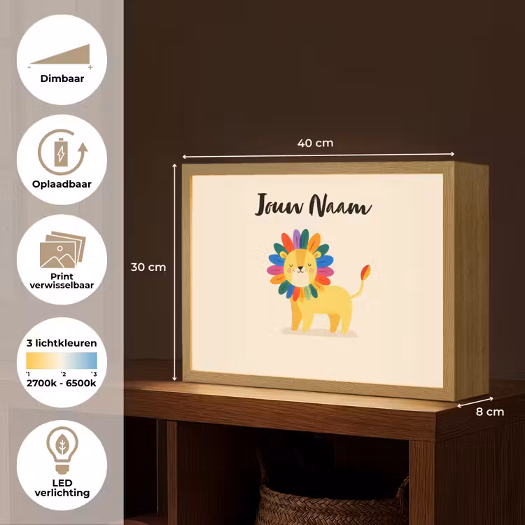 Leeuw - Kleurrijke manen - Beige Light Box met batterij (Wandlamp kind) middel -USP_websiteoverzichtNL
