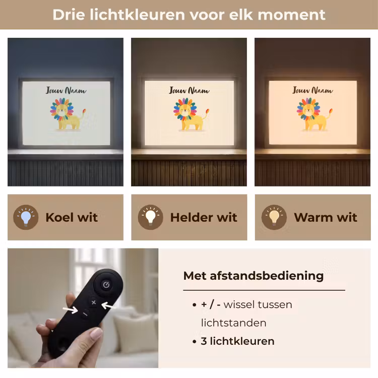 Leeuw - Kleurrijke manen - Beige Light Box met batterij (Wandlamp kind) middel -USP_lichtkleurNL