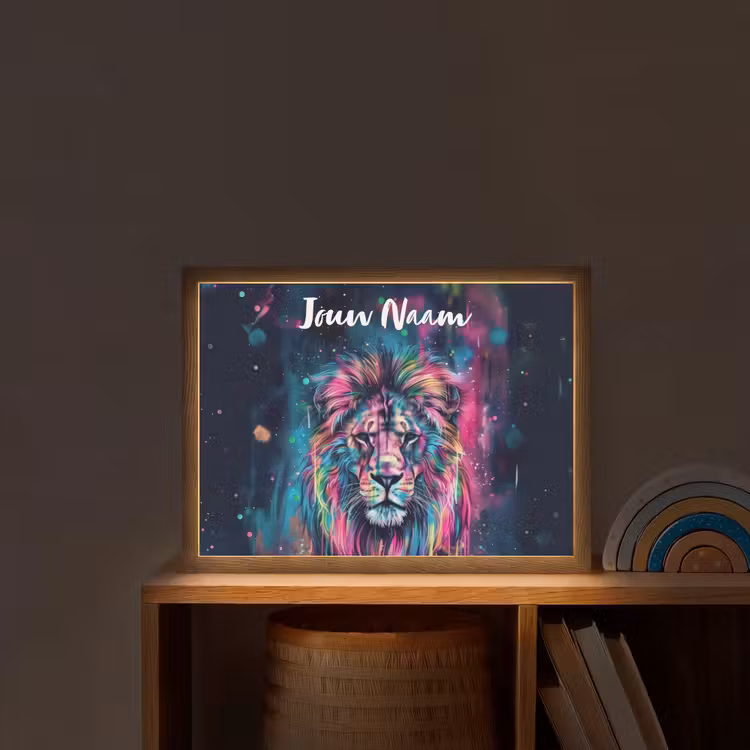 Leeuw - Verf - Kleurrijk - Zwart - Dieren Light Box met batterij (Wandlamp kind) middel -sfeer1_kind