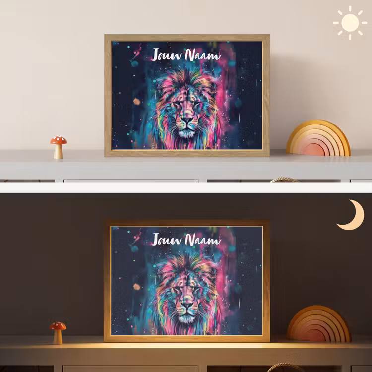 Leeuw - Verf - Kleurrijk - Zwart - Dieren Light Box met batterij (Wandlamp kind) middel -sfeer3_kind