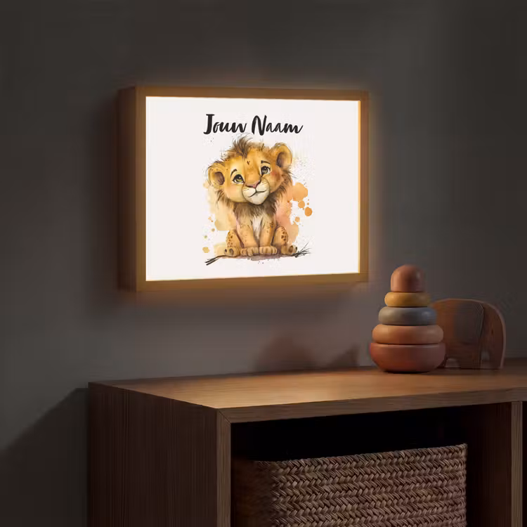Leeuw - Waterverf - Bruin - Dieren - Meisjes - Jongens Light Box met batterij (Wandlamp kind) middel -sfeer5_kind