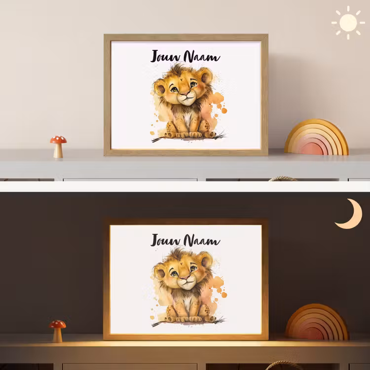 Leeuw - Waterverf - Bruin - Dieren - Meisjes - Jongens Light Box met batterij (Wandlamp kind) middel -sfeer3_kind