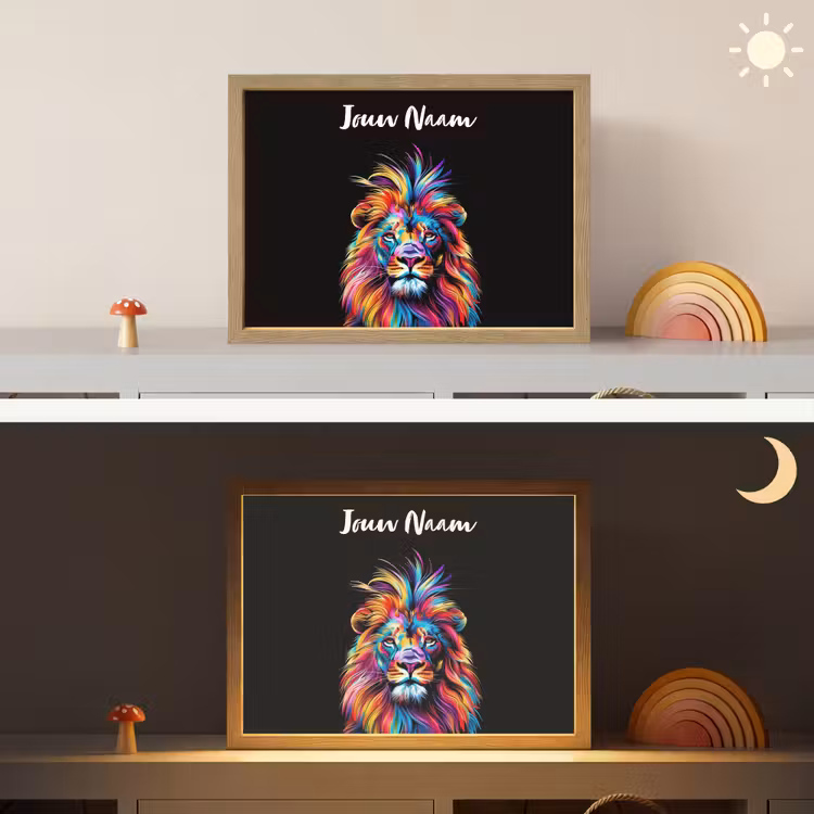 Leeuwen - Kleurrijk - Zwart - Dieren Light Box met batterij (Wandlamp kind) middel -sfeer3_kind