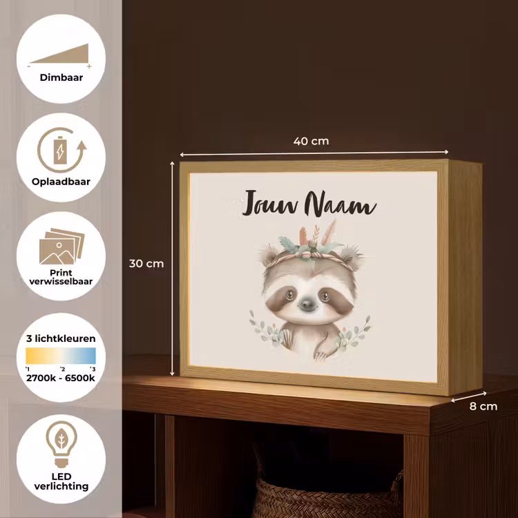 Luiaard - Dieren - Bohemian - Boho Light Box met batterij (Wandlamp kind) middel -USP_websiteoverzichtNL