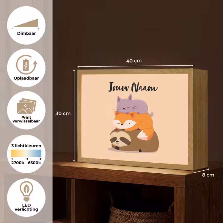 Luiaard - Vos - Kat - Slaperig Light Box met batterij (Wandlamp kind) middel -USP_websiteoverzichtNL