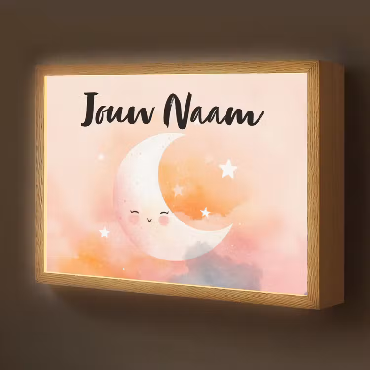 Maan - Gezichtje - Sterren - Roze Light Box met batterij (Wandlamp kind) middel -z3d_website