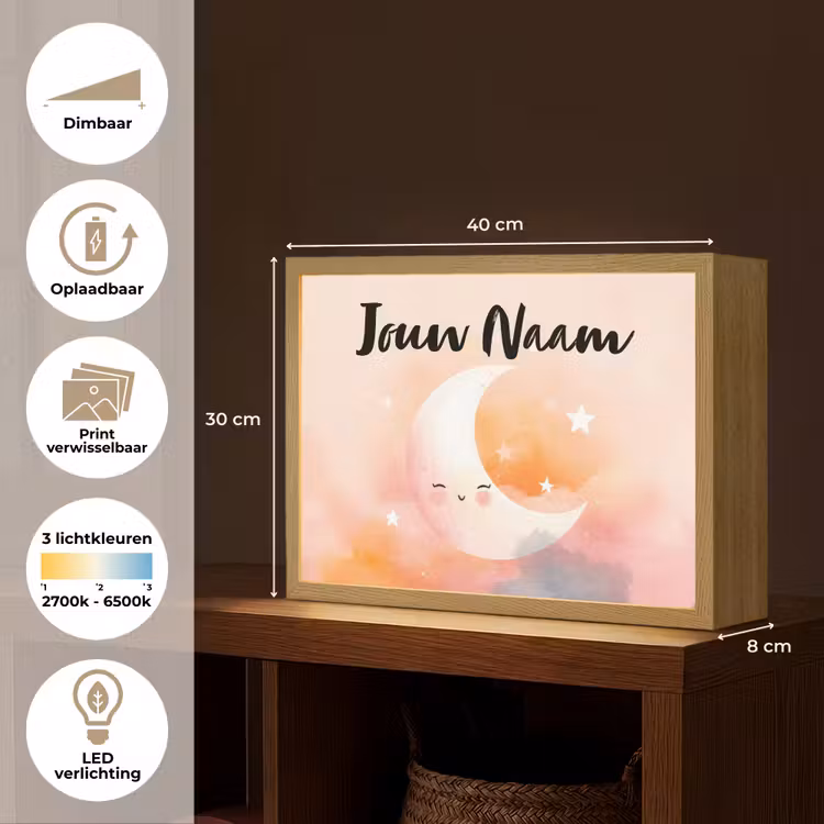 Maan - Gezichtje - Sterren - Roze Light Box met batterij (Wandlamp kind) middel -USP_websiteoverzichtNL