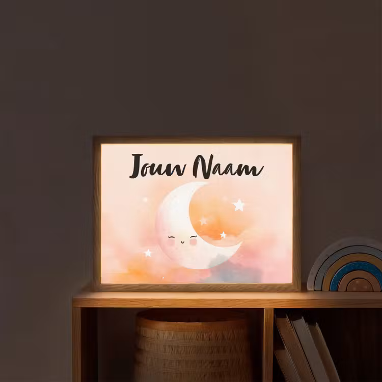 Maan - Gezichtje - Sterren - Roze Light Box met batterij (Wandlamp kind) middel -sfeer1_kind