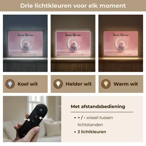 Maan - Monster - Roze Light Box met batterij (Wandlamp kind) middel -USP_lichtkleurNL