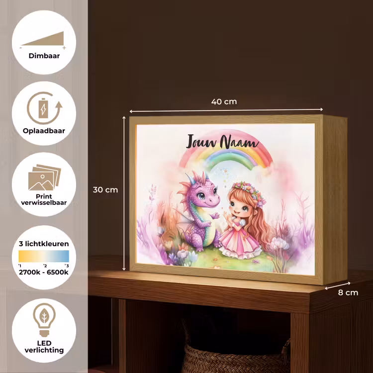 Meisje - Draak - Regenboog Light Box met batterij (Wandlamp kind) middel -USP_websiteoverzichtNL