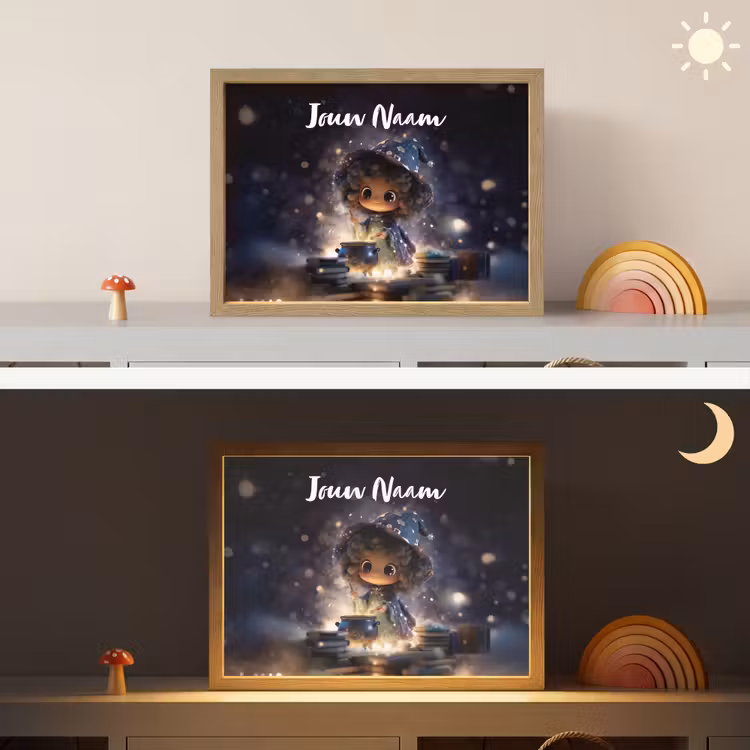 Meisje - Toveren - Sterren - Paars Light Box met batterij (Wandlamp kind) middel -sfeer3_kind