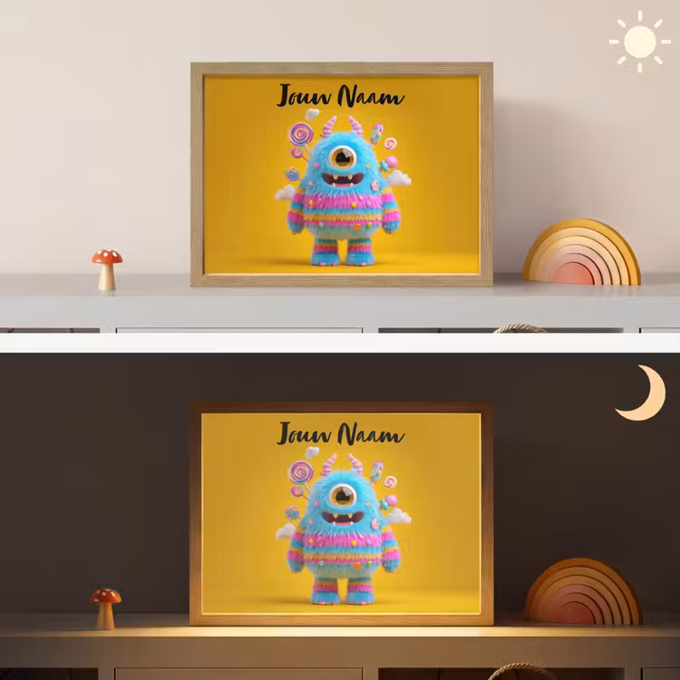 Monster - Snoep - Geel - Kleurrijk Light Box met batterij (Wandlamp kind) middel -sfeer3_kind