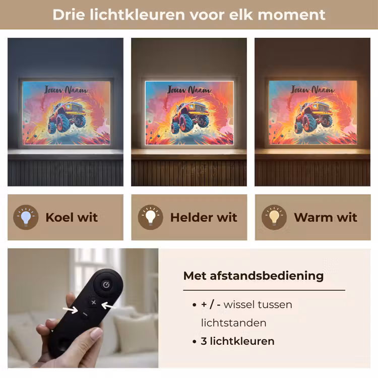 Monstertruck - Auto - Jongens - Kleurrijk Light Box met batterij (Wandlamp kind) middel -USP_lichtkleurNL