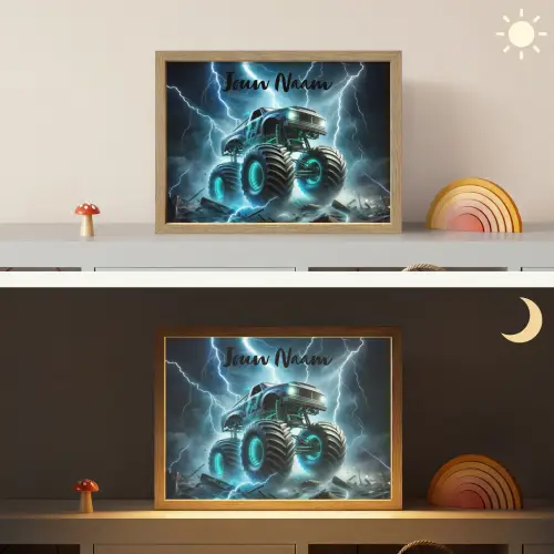 Monstertruck - Bliksem - Blauw - Jongens - Auto Light Box met batterij (Wandlamp kind) middel -sfeer3_kind