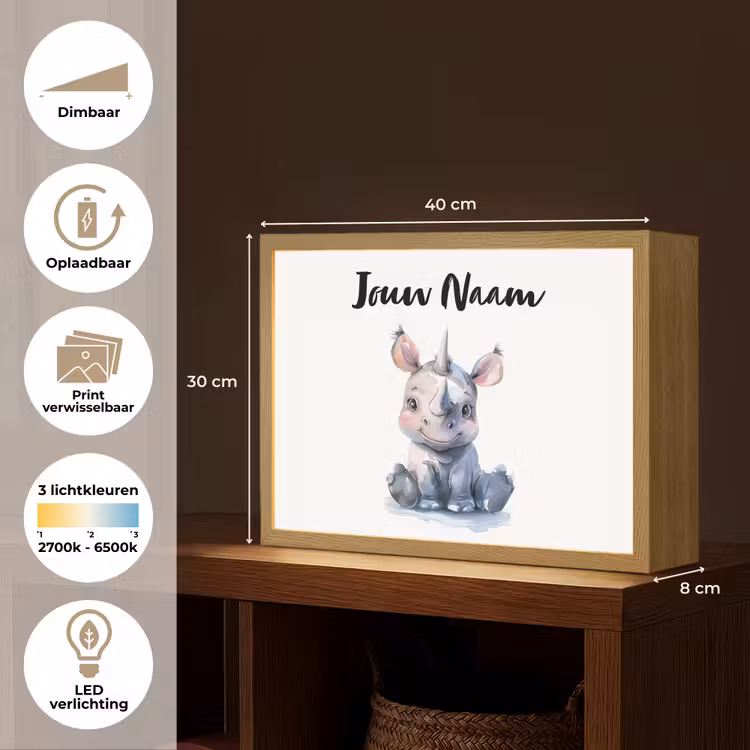 Neushoorn - Baby dier - Dieren Light Box met batterij (Wandlamp kind) middel -USP_websiteoverzichtNL