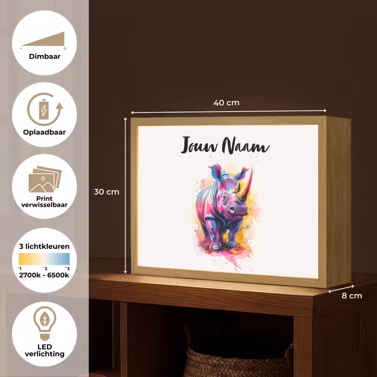 Neushoorn - Kleurrijk - Verf - Dieren Light Box met batterij (Wandlamp kind) middel -USP_websiteoverzichtNL