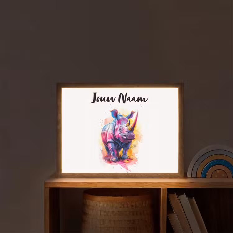 Neushoorn - Kleurrijk - Verf - Dieren Light Box met batterij (Wandlamp kind) middel -sfeer1_kind