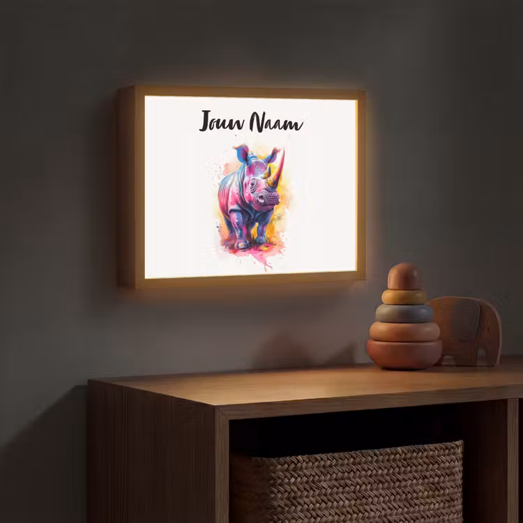 Neushoorn - Kleurrijk - Verf - Dieren Light Box met batterij (Wandlamp kind) middel -sfeer5_kind