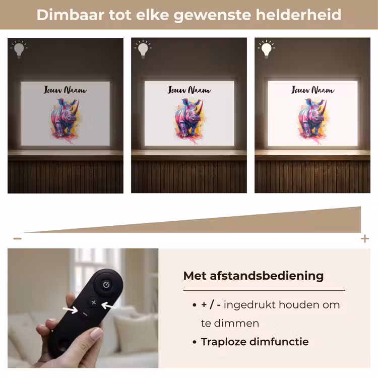 Neushoorn - Kleurrijk - Verf - Dieren Light Box met batterij (Wandlamp kind) middel -USP_dimbaarNL