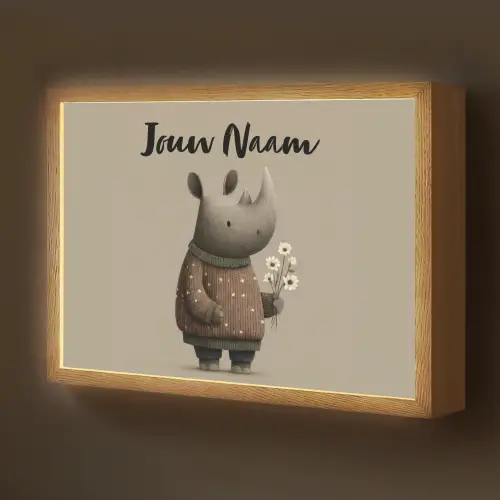 Neushoorn - Witte bloemen - Lief Light Box met batterij (Wandlamp kind) middel -z3d_website