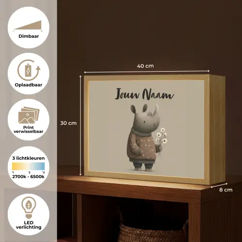 Neushoorn - Witte bloemen - Lief Light Box met batterij (Wandlamp kind) middel -USP_websiteoverzichtNL