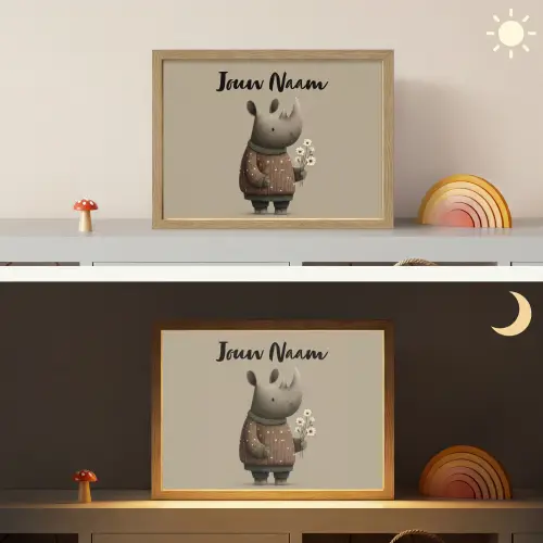 Neushoorn - Witte bloemen - Lief Light Box met batterij (Wandlamp kind) middel -sfeer3_kind