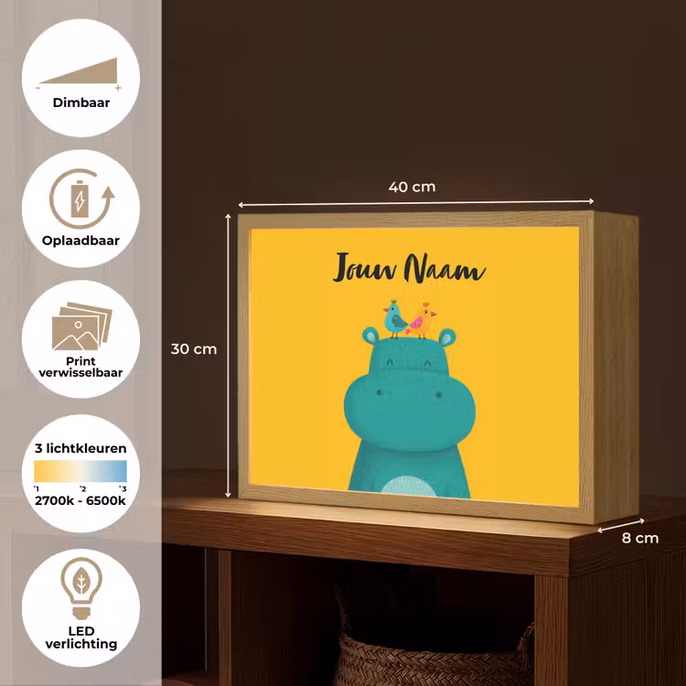 Nijlpaard - Vogels - Groen - Geel Light Box met batterij (Wandlamp kind) middel -USP_websiteoverzichtNL