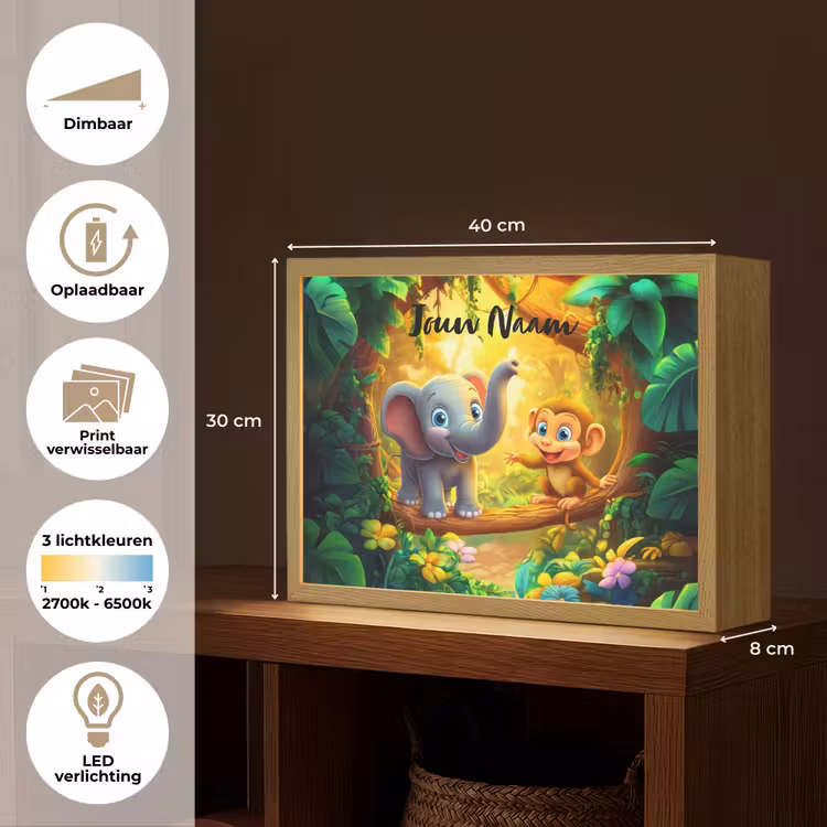 Olifant - Appje - Jungle - Kleurrijk Light Box met batterij (Wandlamp kind) middel -USP_websiteoverzichtNL