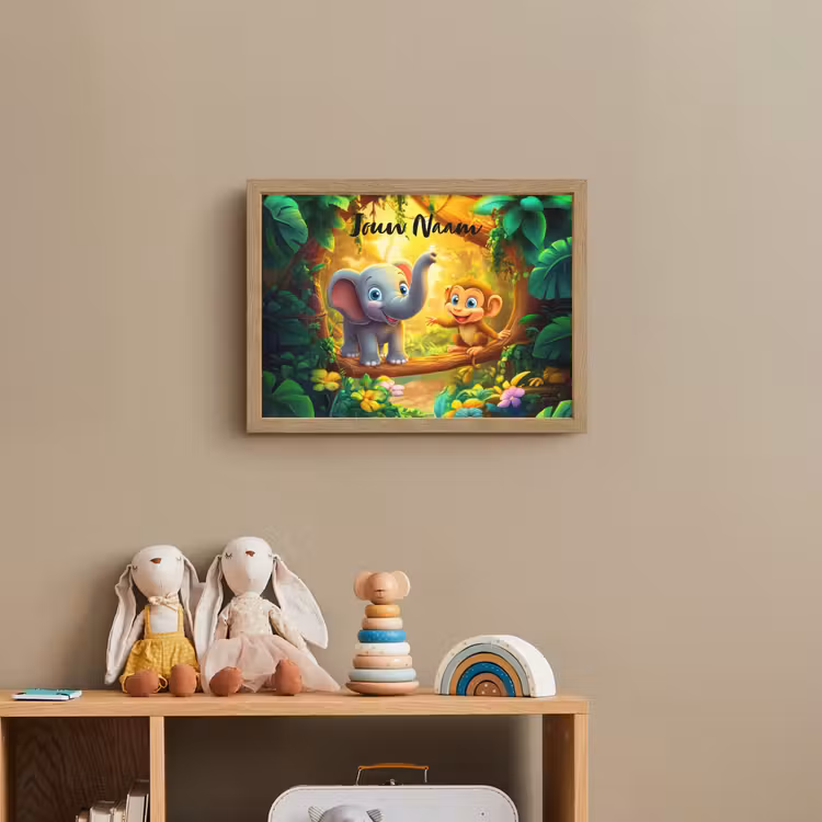 Olifant - Appje - Jungle - Kleurrijk Light Box met batterij (Wandlamp kind) middel -sfeer2_kind