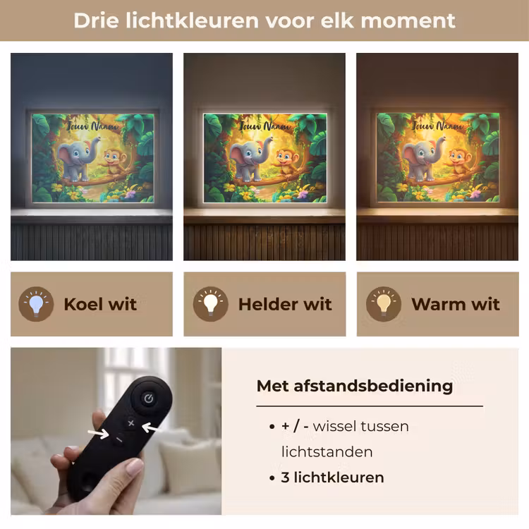 Olifant - Appje - Jungle - Kleurrijk Light Box met batterij (Wandlamp kind) middel -USP_lichtkleurNL