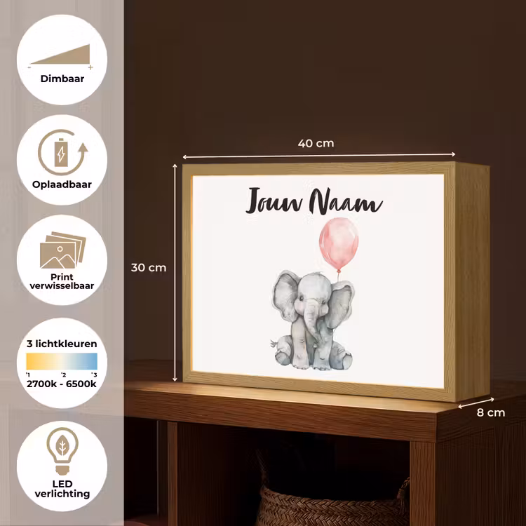 Olifant - Baby dier - Roze ballon Light Box met batterij (Wandlamp kind) middel -USP_websiteoverzichtNL