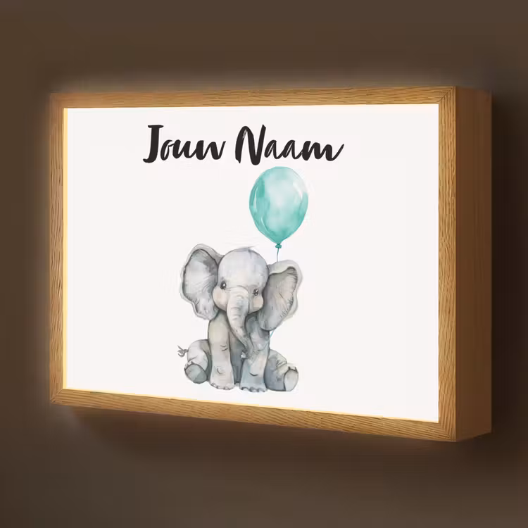 Olifant - Baby - Dieren - Blauwe ballon Light Box met batterij (Wandlamp kind) middel -z3d_website