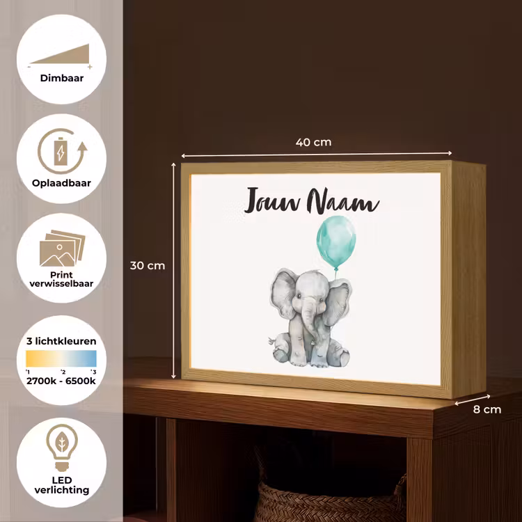 Olifant - Baby - Dieren - Blauwe ballon Light Box met batterij (Wandlamp kind) middel -USP_websiteoverzichtNL