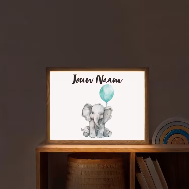 Olifant - Baby - Dieren - Blauwe ballon Light Box met batterij (Wandlamp kind) middel -sfeer1_kind